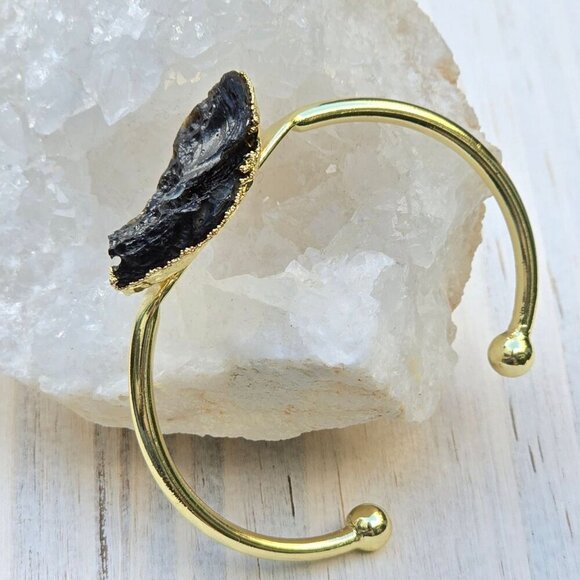 Black Tourmaline ✦ Wire Wrap Grounding Cuff ✦ 14Kt Gold Over Copper Adjustable - Picture 3 of 13